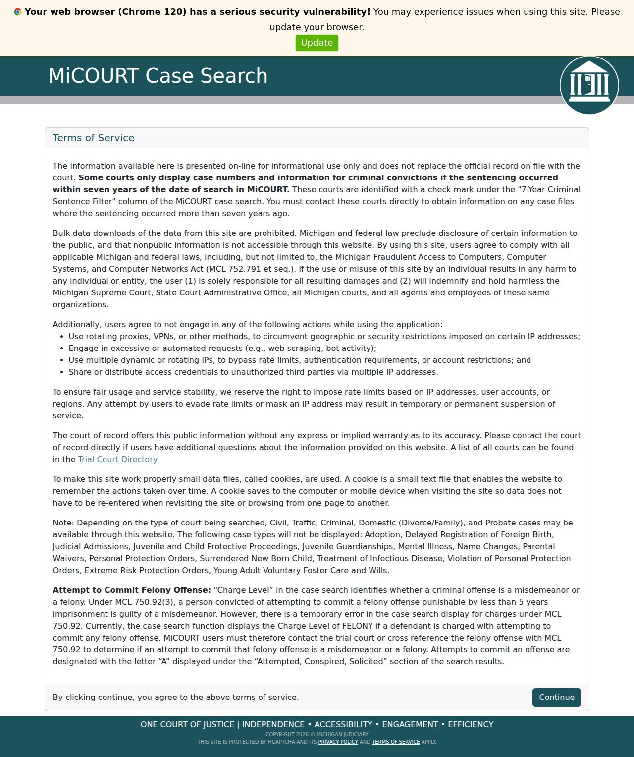 Clinton County case lookup MiCOURT statewide case search landing page