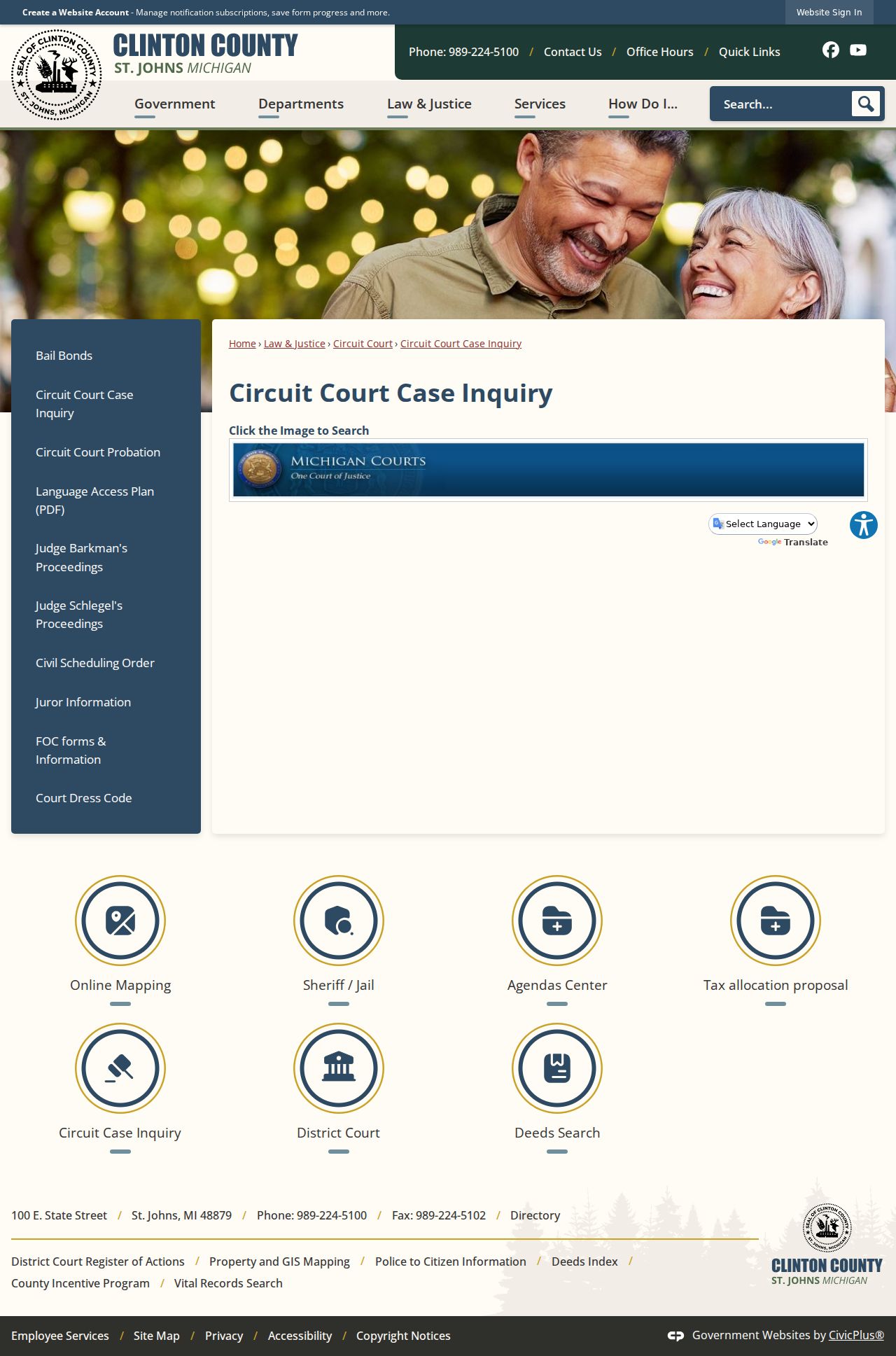 Clinton County civil docket Circuit Court case inquiry entry page