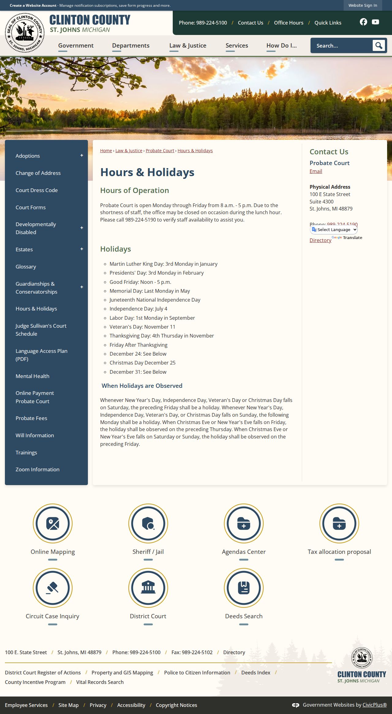 Clinton County court dates Probate Court hours and holiday schedule