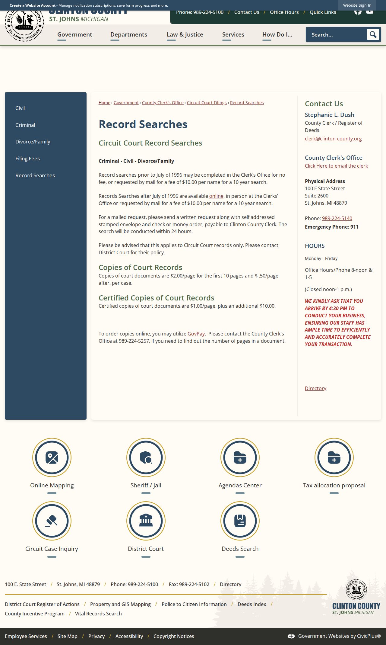 Clinton County Circuit Court record search and copy fee information