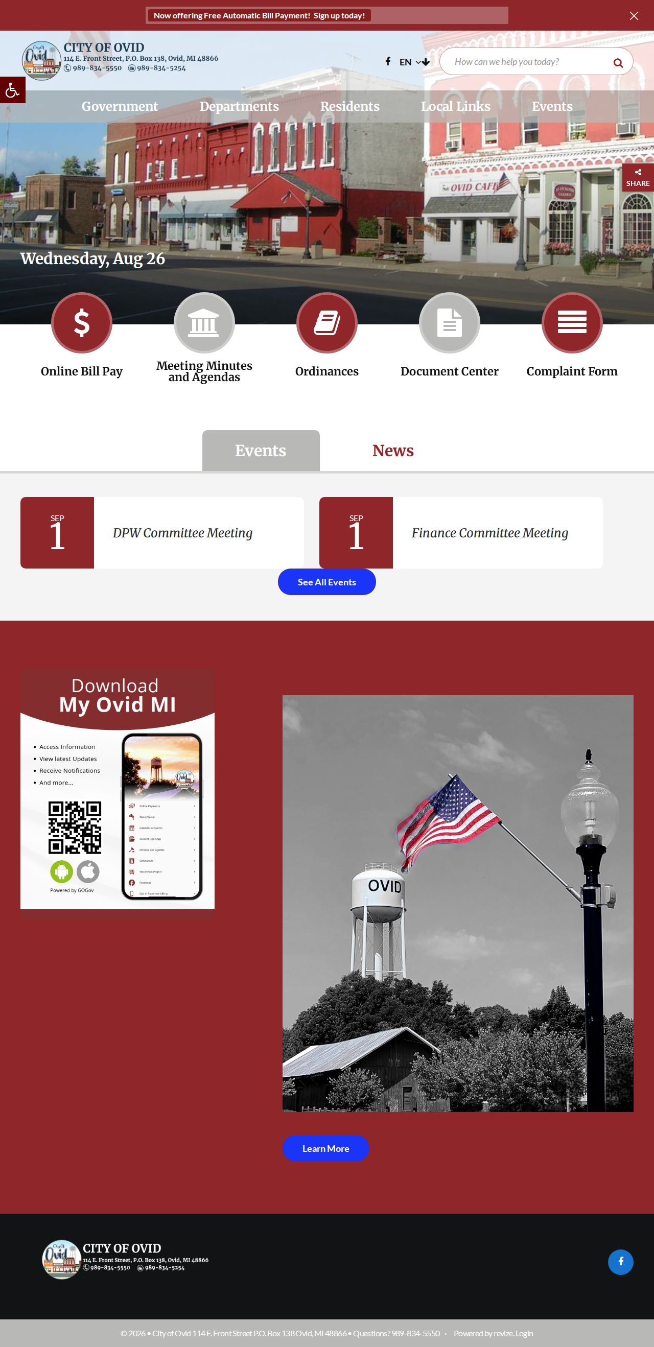 Ovid city government website for local court record routing