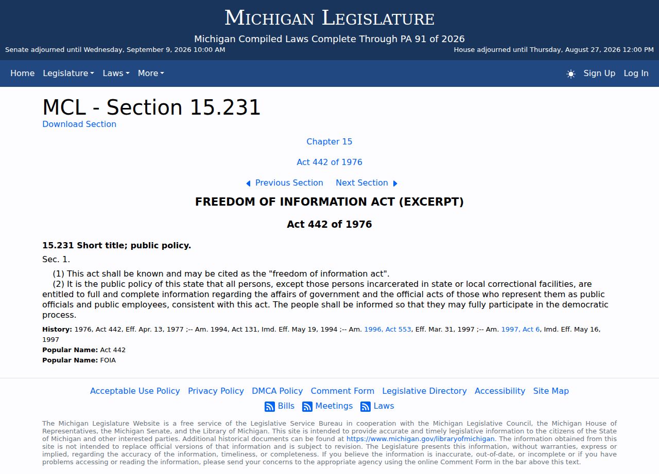 Michigan FOIA statutory information for Ovid administrative record requests