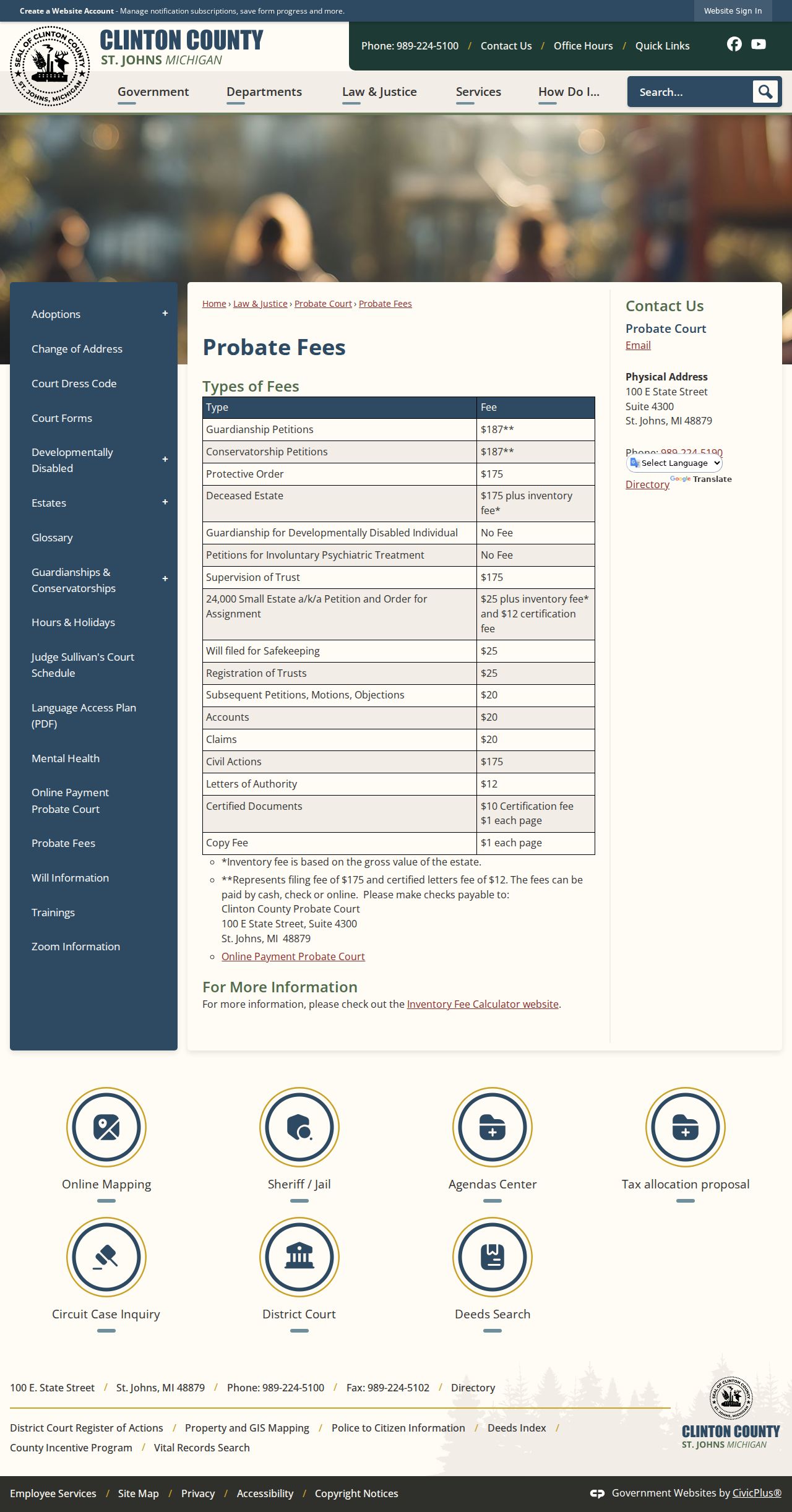 Clinton County Probate Court record and fee information for Ovid court cases