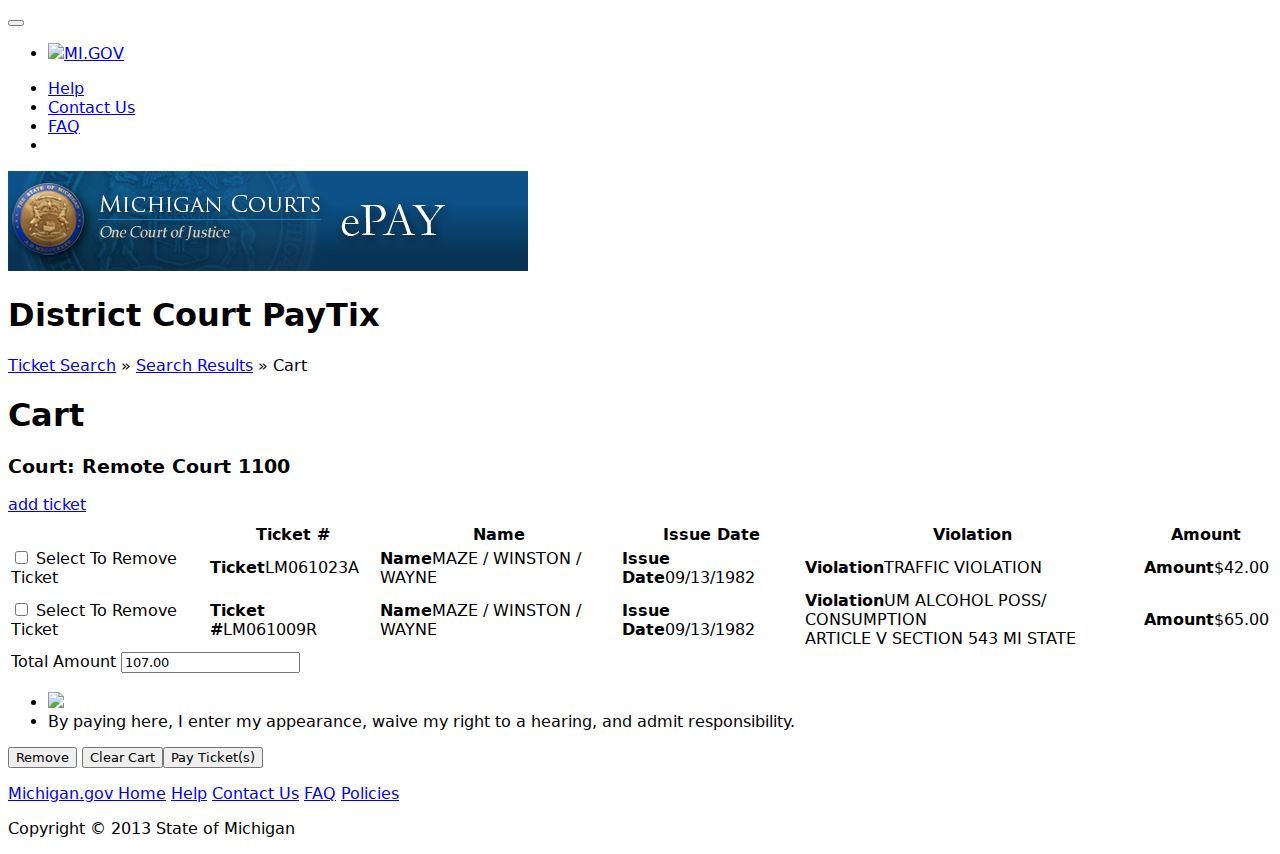 Michigan ePAY traffic ticket payment cart for Clinton County ticket records