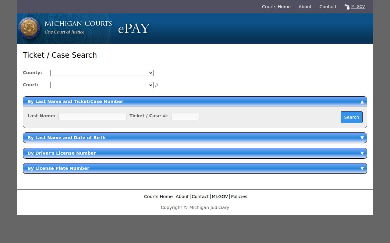 Michigan ePAY ticket and case search form for Clinton County traffic tickets