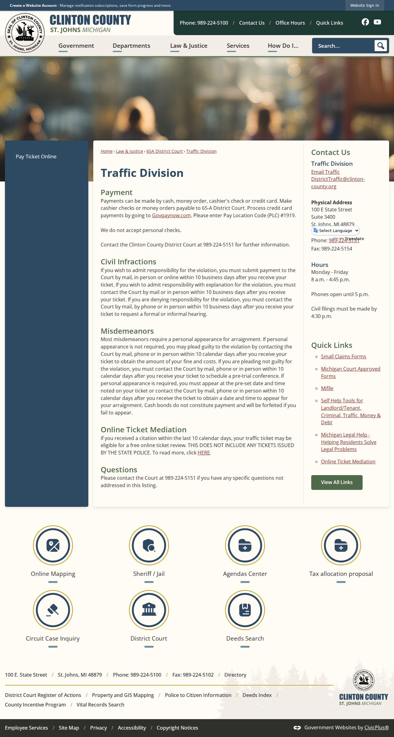 Clinton County 65A Traffic Division ticket procedure and contact information