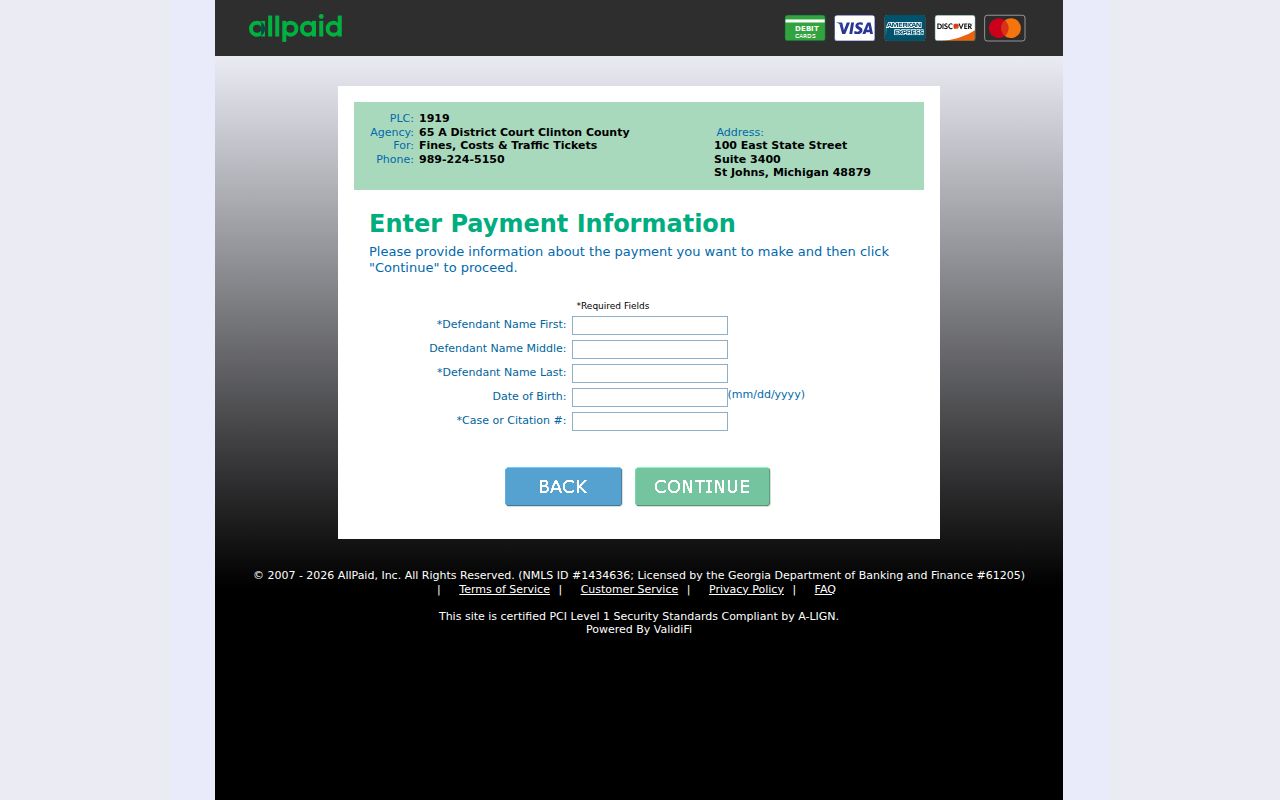 Clinton County 65A GovPay traffic ticket payment form